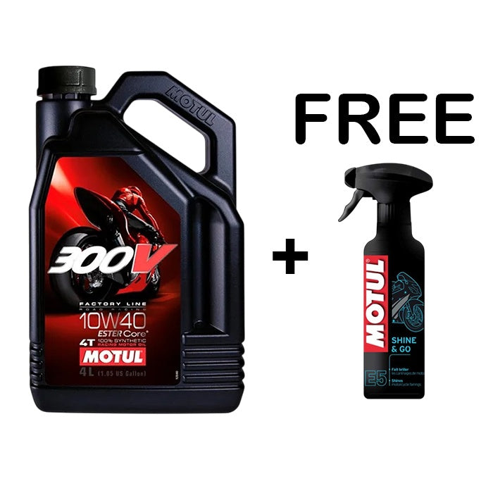 MOTUL 300V 4T Fully Synthetic 10W40 4L + FREE W/S E5 SHINE & GO 400ML
